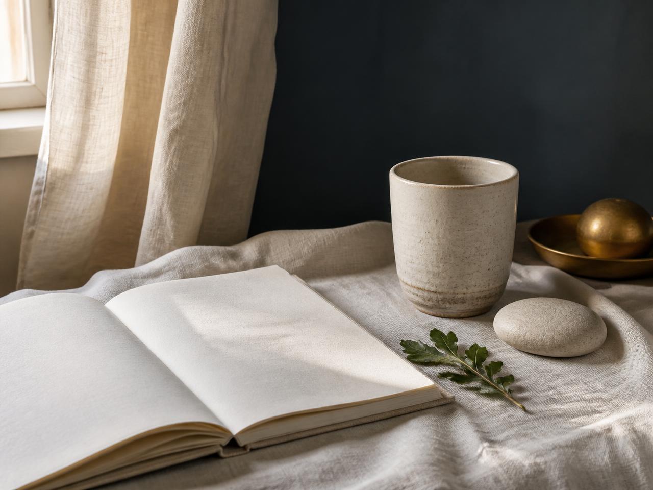An open journal beside a ceramic cup and smooth stone